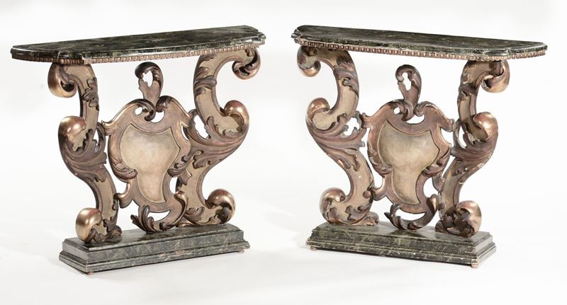 Coppia di consoline laccate e dorate, XIX secolo  - Auction Antique and Old Masters - I - Cambi Casa d'Aste