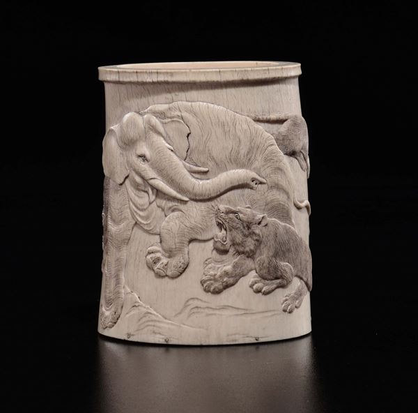 A carved ivory brushpot with tigers and elephants, Japan, late 19th century