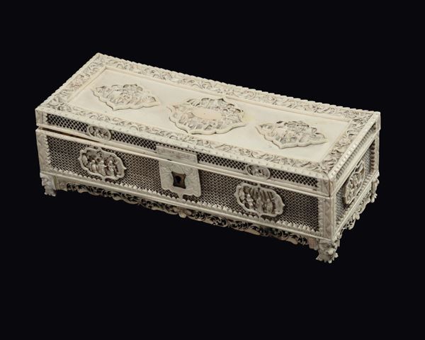A fretworked ivory box with figures within reserves, Canton, China, Qing Dynasty, late 19th century