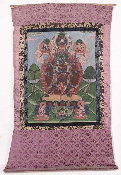 Tanka a Fondo Blu e Verde con Divinità, Tibet, XIX Secolo