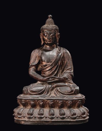 Buddha in Bronzo Seduto su Doppio Fiore di Loto, Cina, Dinastia Ming, XVII Secolo
