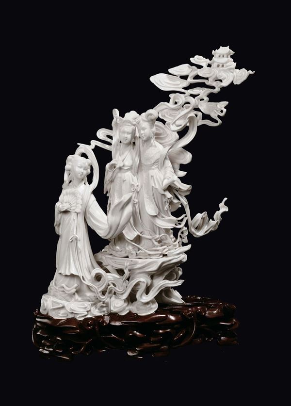 A carved ivory three Guanyin and floating veils group, China, Republic, early 20th century