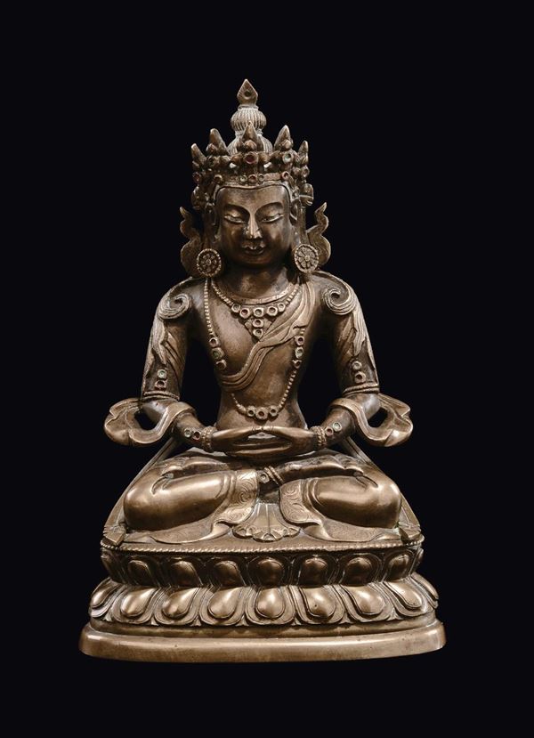 A bronze figure of Amitaya on a double lotus flower, China, Qing Dynasty, 18th century