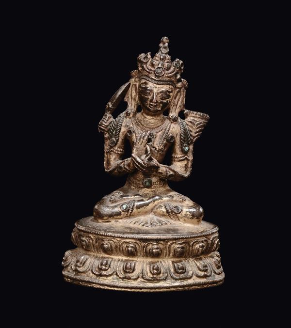 A gilt bronze Amitaya figure on a double lotus flower, China, Ming Dynasty, 16th century
