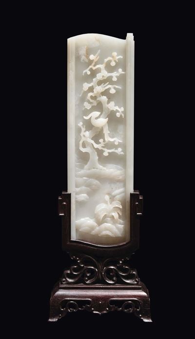 Stele in Giada Bianca con Volatili e Fiori a Rielievo, Cina, Repubblica, XX Secolo