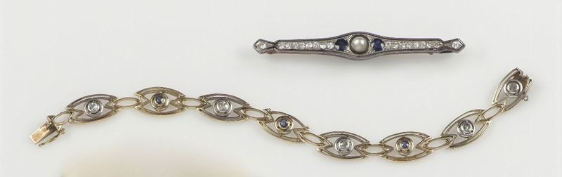 Lotto composto da bracciale con diamanti e zaffiri ed una spilla barrette  - Auction Antique and Old Masters - I - Cambi Casa d'Aste