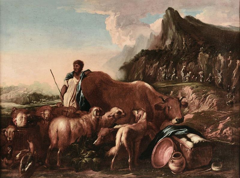 Salvatore Castiglione (Genova 1620 - dopo 1676) Paesaggio bucolico con animali  - Asta Dipinti Antichi - Cambi Casa d'Aste