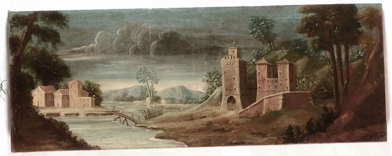 Scuola del XVIII secolo Veduta fluviale con castello  - Asta Antiquariato e Dipinti Antichi - I - Cambi Casa d'Aste