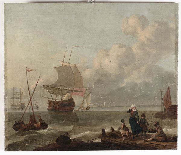 Anonimo francese del XVIII-XIX secolo Marina con velieri e figure sul molo