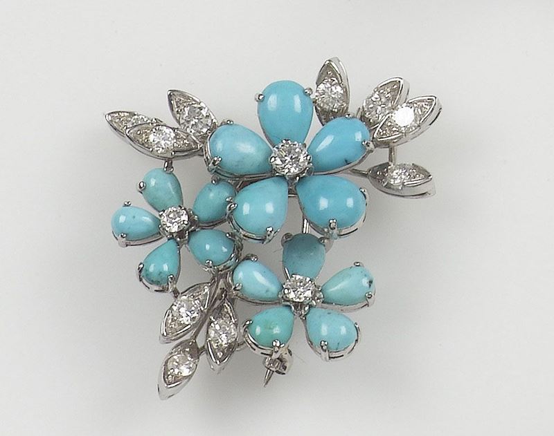 Spilla con turchesi e diamanti  - Auction Antique and Old Masters - I - Cambi Casa d'Aste