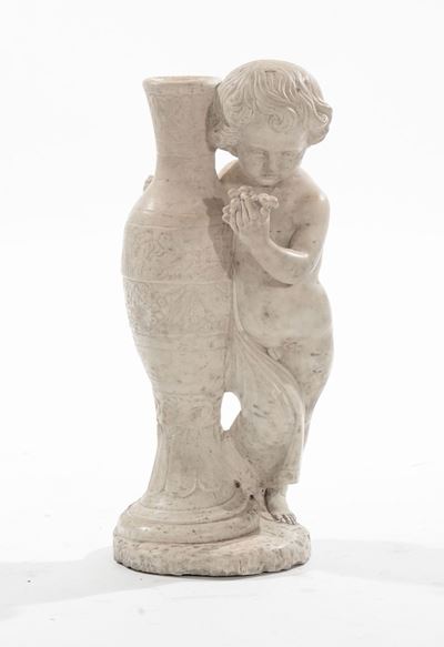 Scultura in Marmo Bianco Raffigurante Putto con Anfora, XIX Secolo