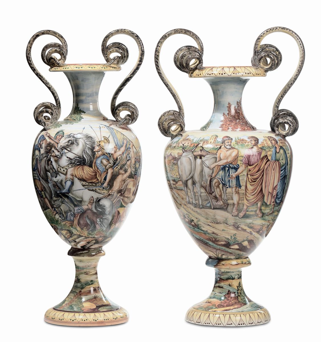 Coppia di Grandi Vasi in Ceramica Policroma, Inizi XX Secolo