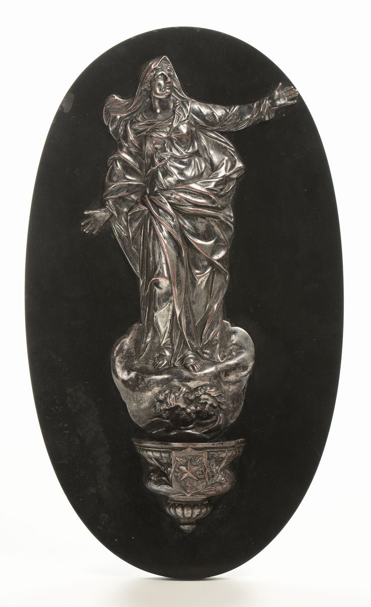 Acquasantiera in rame argentato, XIX secolo  - Asta Antiquariato e Dipinti Antichi - I - Cambi Casa d'Aste