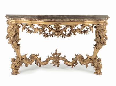Importante Console con Specchiera Luigi XV in Legno Intagliato e Dorato, Toscana, Inizio XVIII Se...