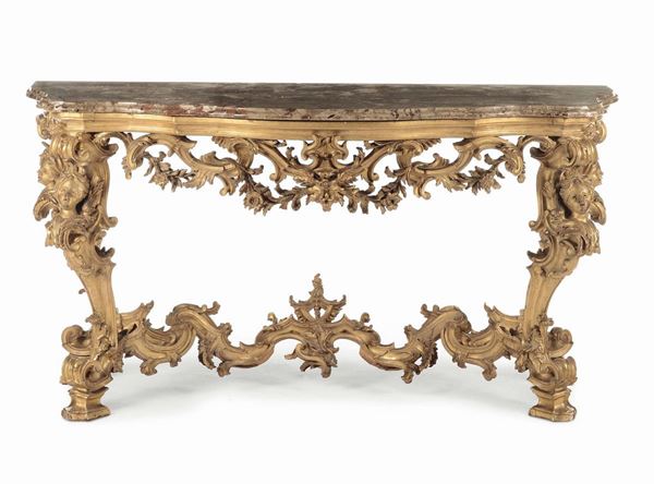 Importante console con specchiera Luigi XV in legno intagliato e dorato, Toscana, inizio XVIII secolo