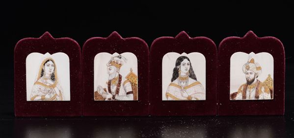 Quattro placche in avorio dipinto con ritratti, Persia, XIX secolo