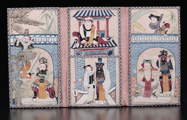 Ricami su seta raffiguranti scene teatrali, Giappone, XX secolo