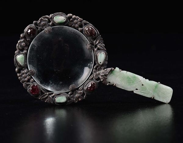 A magnifying glass with jadeite handle and hard stones inlays, China, Qing Dynasty, 19th century