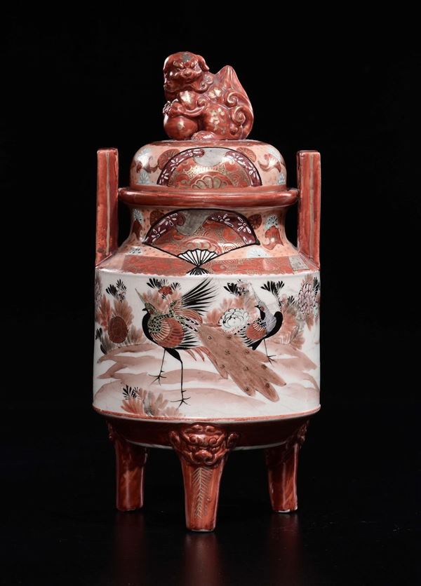 A Satsuma porcelain tripod censer and cover with peacocks, Japan, 19th century