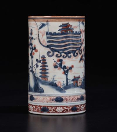 Vaso Cilindrico in Porcellana Imari con Decoro Paesaggistico, Giappone, XIX Secolo