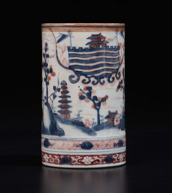 Vaso cilindrico in porcellana Imari con decoro paesaggistico, Giappone, XIX secolo