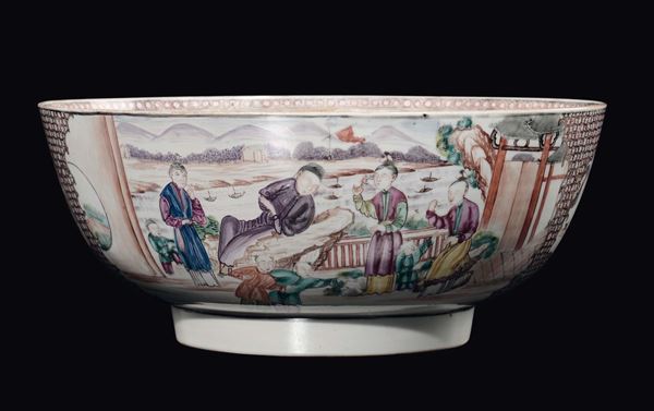 A polychrome enamelled porcelain bowl with court life scenes, China, Qing Dynasty, Qianlong Period (1736-1795)