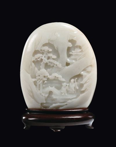 Montagna Scolpita in Giada Bianca e Russet Raffigurante Paesaggio Fluviale con Personaggi, Cina, ...