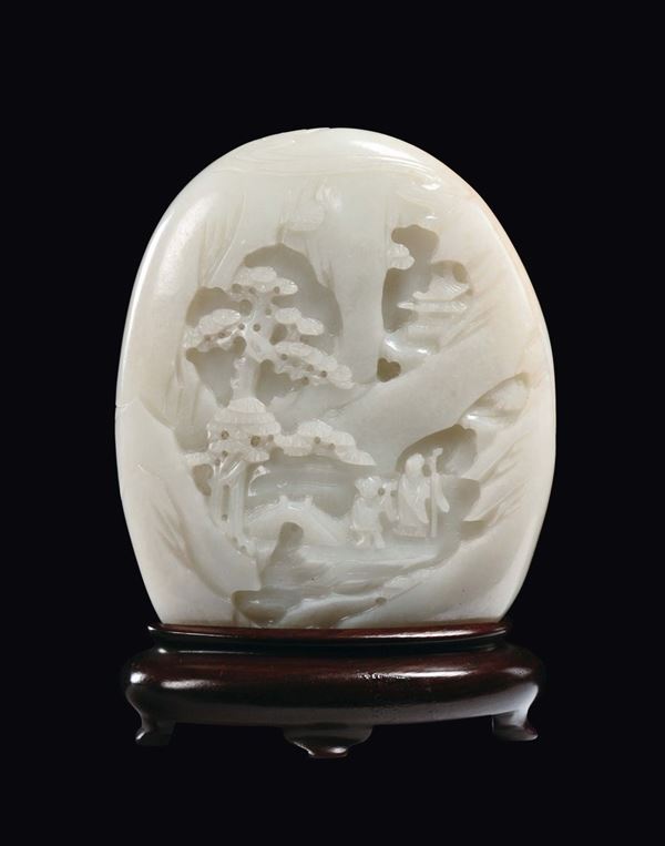 A white and russet mountain jade carved with river landscape with figures, China, Qing Dynasty, Qianlong Period (1736-1795)