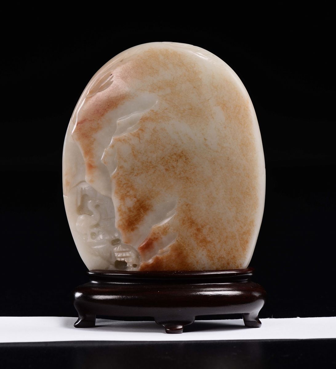 Montagna Scolpita in Giada Bianca e Russet Raffigurante Paesaggio Fluviale con Personaggi, Cina, ...