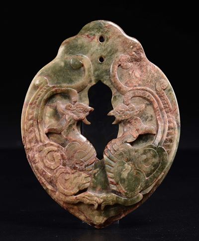 Placca in Terracotta Smaltata con Fenici a Rilievo, Cina, XX Secolo