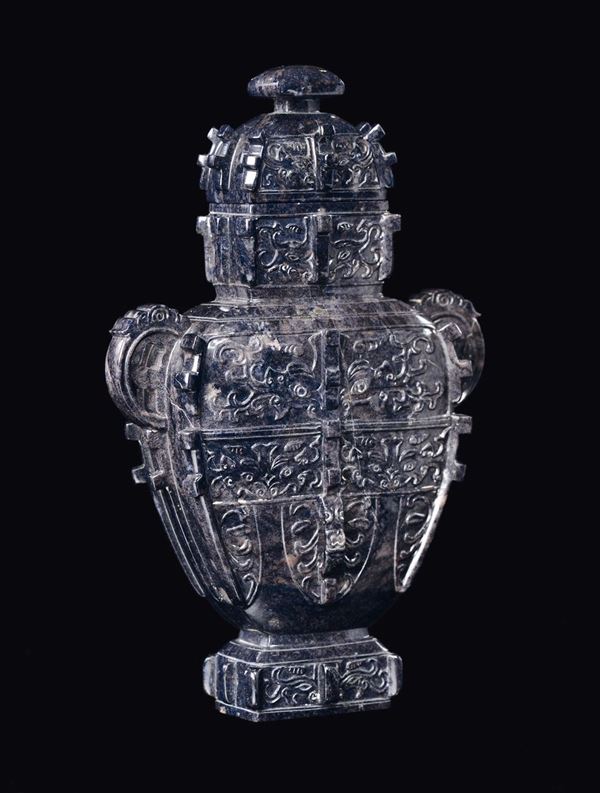 A lapis lazuli vase and cover engraved with an archaic style geometric motif, China, 20th century