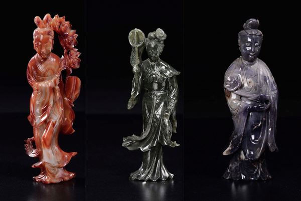 Lot of three carved hard stones Guanyin, China, 20th century