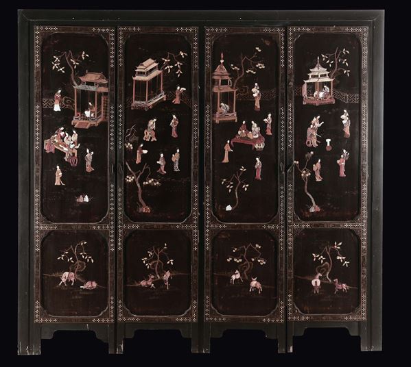 A four-shutter lacquered wood screen with common life scenes, China, early 20th century
