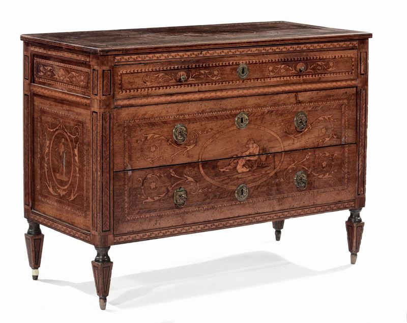 Cassettone Luigi XVI lastronato ed intarsiato, XVIII secolo  - Auction Antique and Old Masters - I - Cambi Casa d'Aste