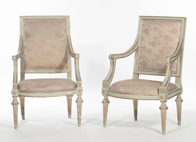 Coppia di poltrone in stile Luigi XVI laccate e dorate, XIX secolo  - Auction Antique and Old Masters - I - Cambi Casa d'Aste