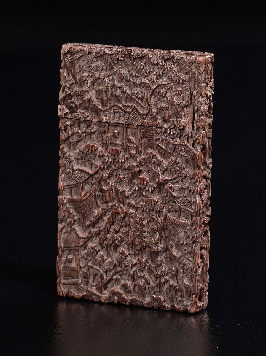 Porta Biglietti Scolpito in Legno con Scene di Vita Comune a Rilievo, Cina, Canton, Dinastia Qing...