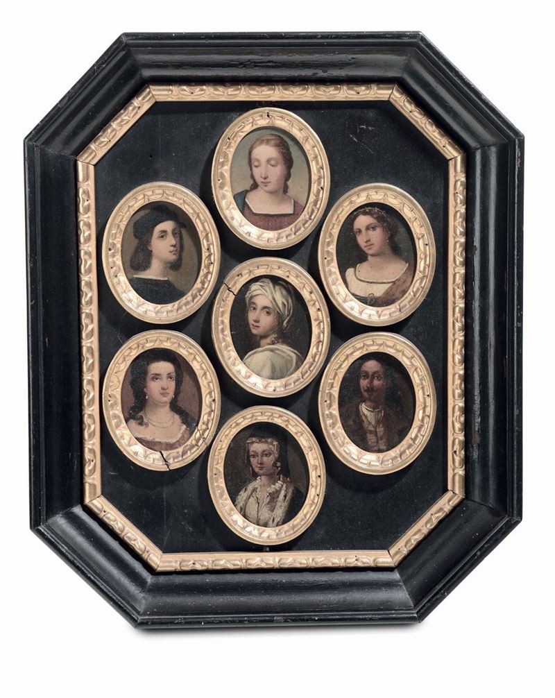 Quadro con sette miniature su rame raffiguranti ritratti, XIX secolo  - Asta Antiquariato e Dipinti Antichi - I - Cambi Casa d'Aste