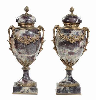 Coppia di Cassolettes in Marmo e Bronzo Dorato, Francia XIX Secolo
