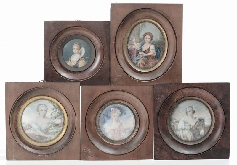 Cinque miniature diverse con cornice in legno  - Auction Antique and Old Masters - I - Cambi Casa d'Aste
