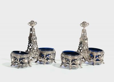 Coppia di Saliere Doppie in Argento Traforato, Manifattura Europea del XX Secolo