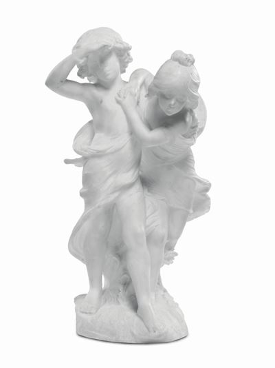 Scultura in Marmo Bianco Scolpito con Due Bimbi, XX Secolo