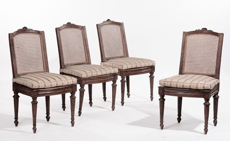 Quattro sedie in stile Luigi XVI in legno intagliato, XIX secolo  - Auction Antique and Old Masters - I - Cambi Casa d'Aste