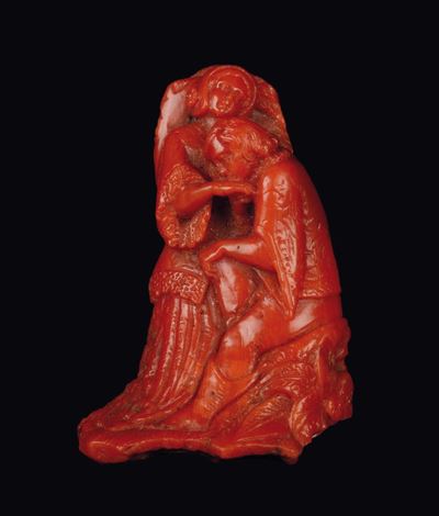 Piccolo Altorilievo in Corallo Raffigurante Innamorati, Maestranze Campane o Siciliane del XIX-XX...