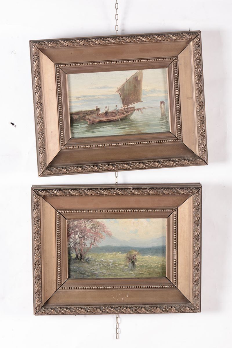 Anonimo del XX secolo Paesaggio campestre, Marina con barche  - Asta Antiquariato e Dipinti Antichi - I - Cambi Casa d'Aste