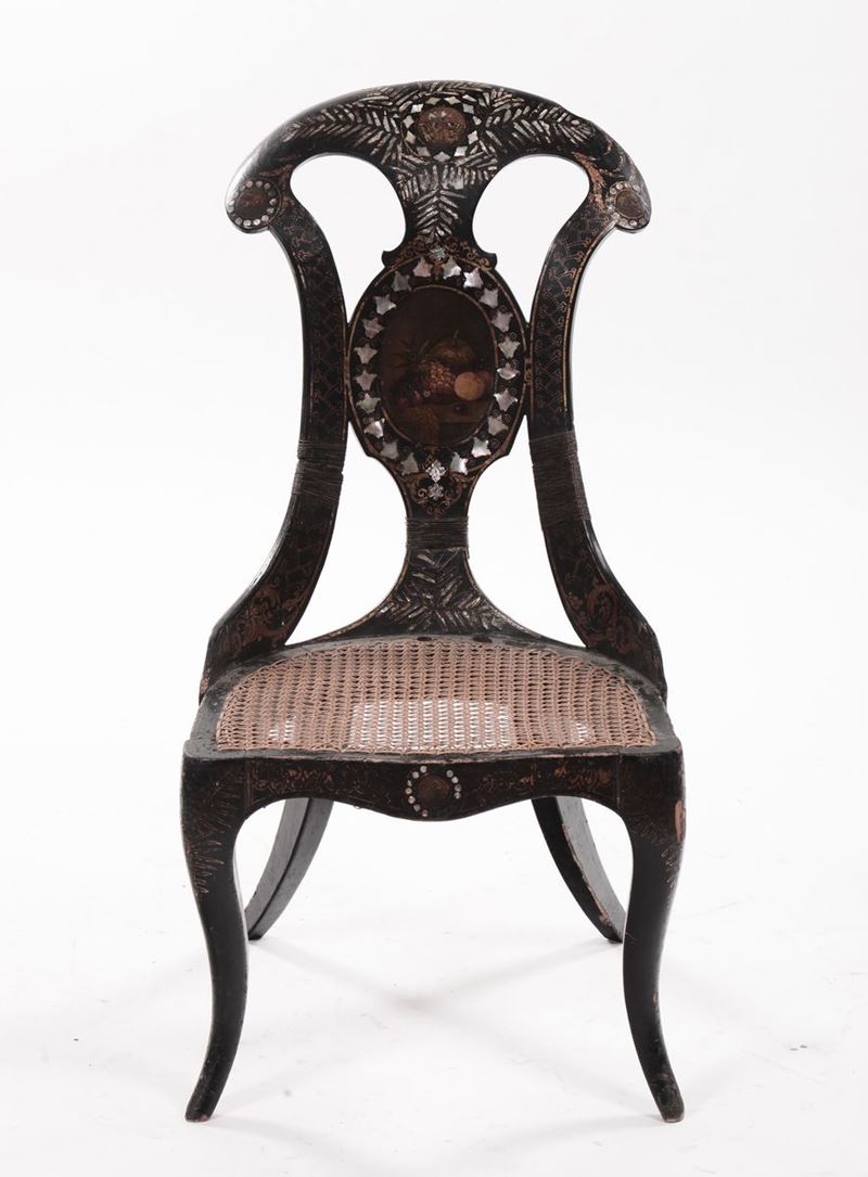 Sedia in legno ebanizzato con intarsi in madreperla, XIX secolo  - Asta Antiquariato e Dipinti Antichi - I - Cambi Casa d'Aste