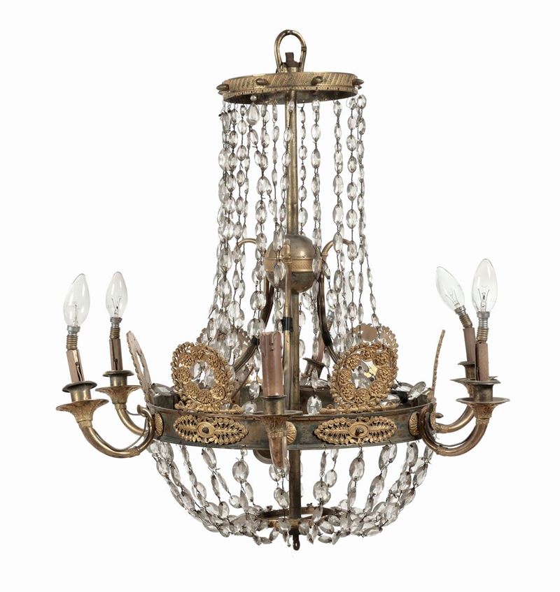 Lampadario Impero a sei luci in cristalli e bronzo dorato, XIX secolo  - Asta Antiquariato e Dipinti Antichi - I - Cambi Casa d'Aste
