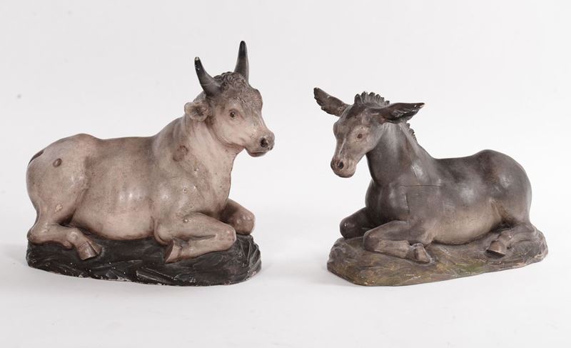 Bue e asino in legno laccato, XVII secolo  - Asta Antiquariato e Dipinti Antichi - I - Cambi Casa d'Aste