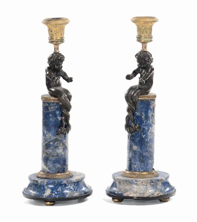 Coppia di Candelieri in Lapislazzulo e Bronzo, XVIII-XIX Secolo