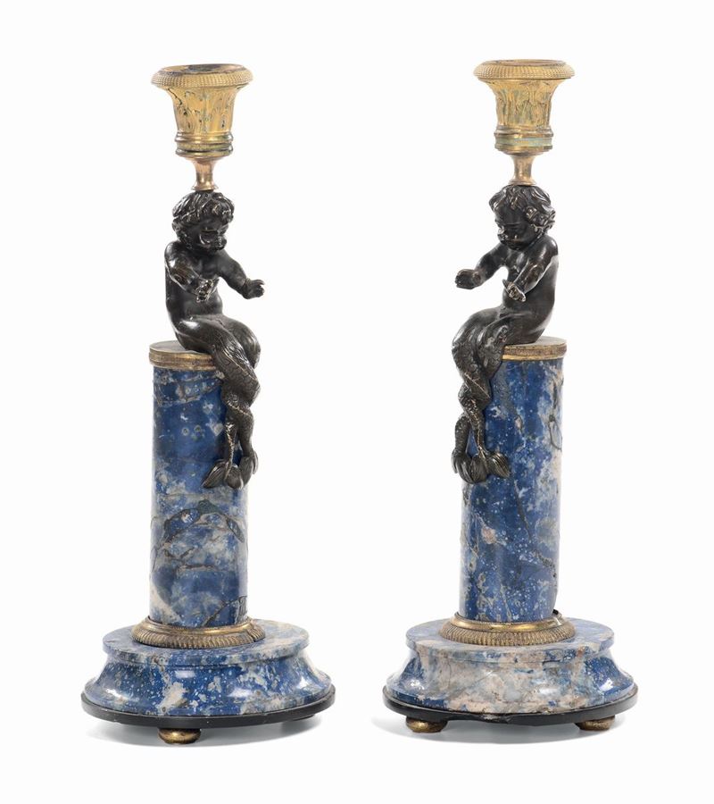 Coppia di candelieri in lapislazzulo e bronzo, XVIII-XIX secolo  - Asta Antiquariato e Dipinti Antichi - I - Cambi Casa d'Aste