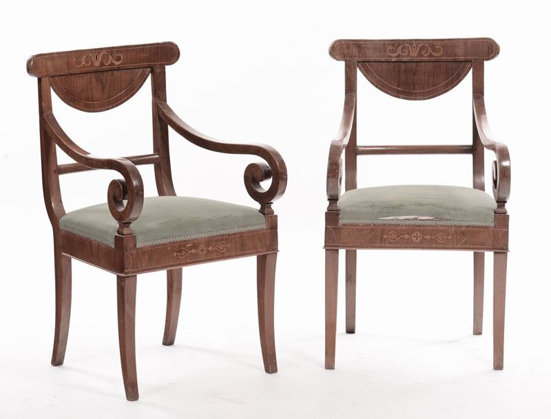 Coppia di poltrone Carlo X lastronate ed intarsiate  - Asta Antiquariato e Dipinti Antichi - I - Cambi Casa d'Aste